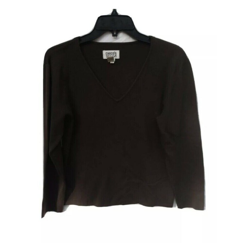 Chicos Design Woman Shirt Size 1 (S) Brown Long Sleeve V Neck Knit Silk Blend